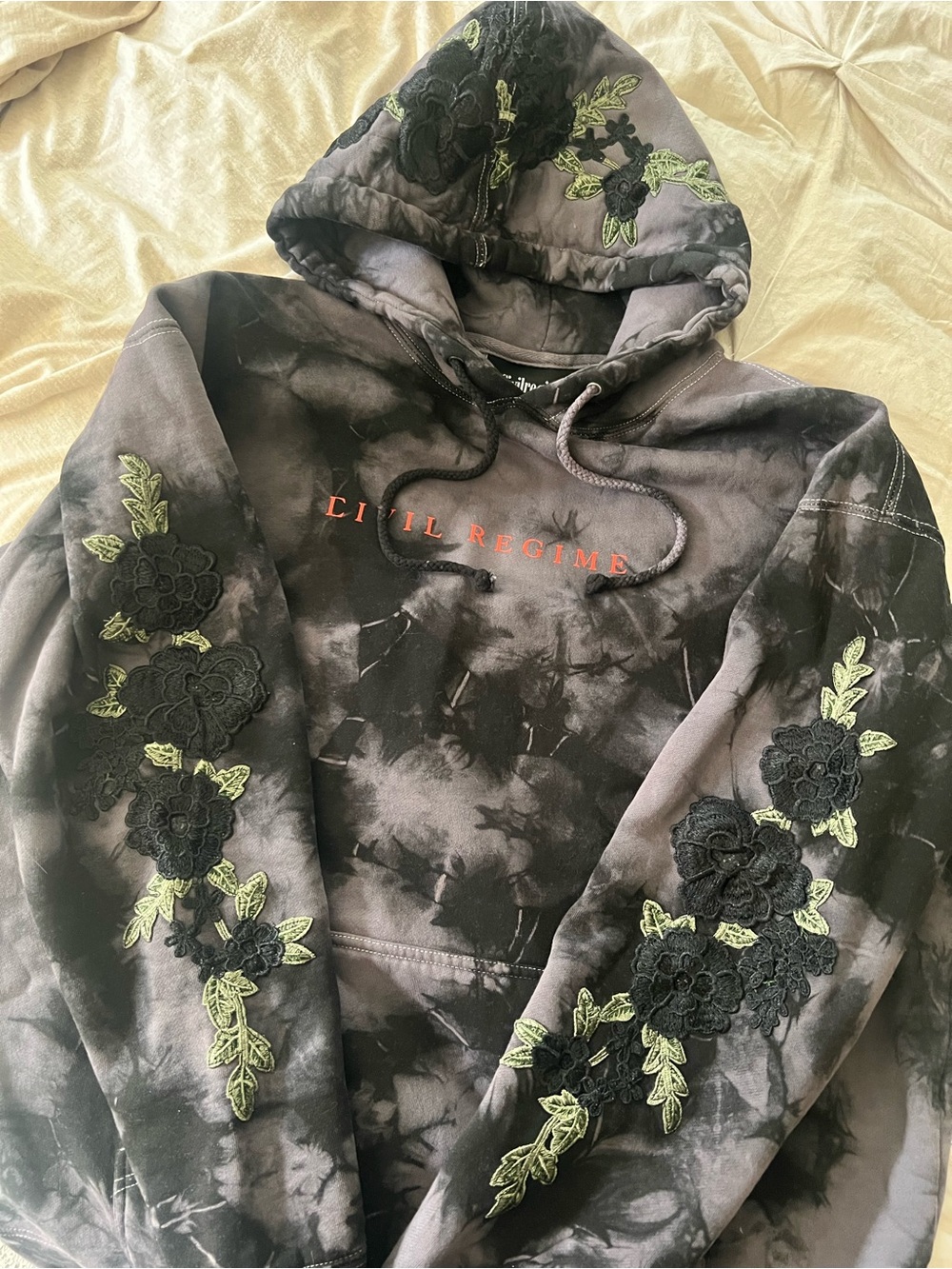 Civil Regime Black Tie-Dye Hoodie with Embroidered Floral Detail